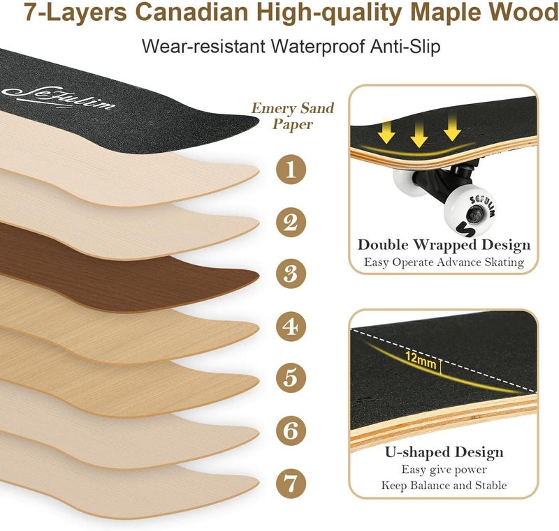 Sefulim 31 x 8 Inch Complete Skateboard 7 Layer Canadian Maple Double Kick Deck Concave Cruiser Trick Skateboard for Boys Girls Teens Adults Beginner ﻿ - Image 3